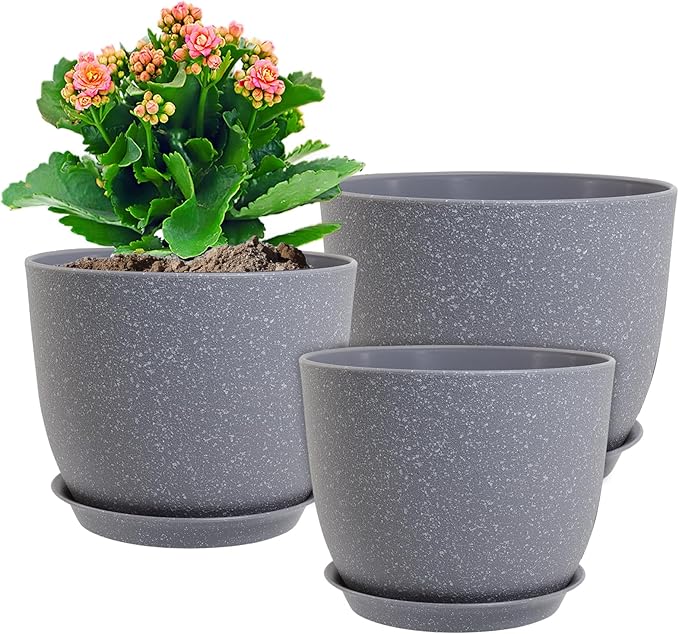 WSMKSZ 12/10/9 inch Large Plant Pots, 3 Pack Modern Decorative Plastic Planters with Drainage Holes and Saucer for House Garden Plants, Flower Pots for Indoor Outdoor Plants, Speckled Grey