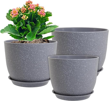 WSMKSZ 12/10/9 inch Large Plant Pots, 3 Pack Modern Decorative Plastic Planters with Drainage Holes and Saucer for House Garden Plants, Flower Pots for Indoor Outdoor Plants, Speckled Grey