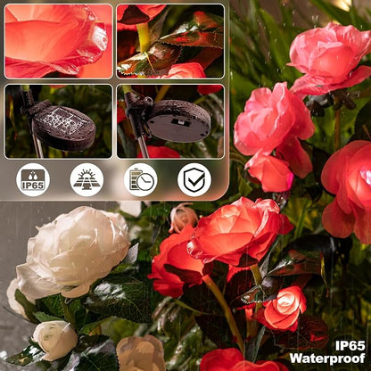 Anordsem Solar Garden Lights Outdoor: 10 Waterproof Fabric Roses 2 Pack - Red LED Flower Decorations for Yard Patio Path Cemetery Grave - Mother 's Day Gift for Her Women Mom Wife