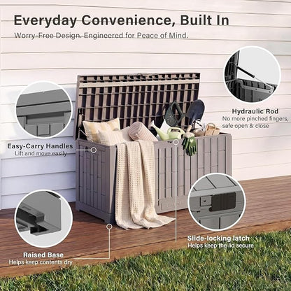 EAST OAK Outdoor Storage Box, 80 Gallon Deck Box, Waterproof Resin Storage Bin for Patio Cushions, Gardening Tools, Lockable, UV Resistant, Ash Grey
