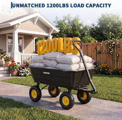 GarveeLife Poly Garden Dump Cart, 1200 lb Wheelbarrow Yard Cart with 13 in Wheels, Quick-Dump & Towable Utility Wagon for Yard, Soil, Rocks（Black）