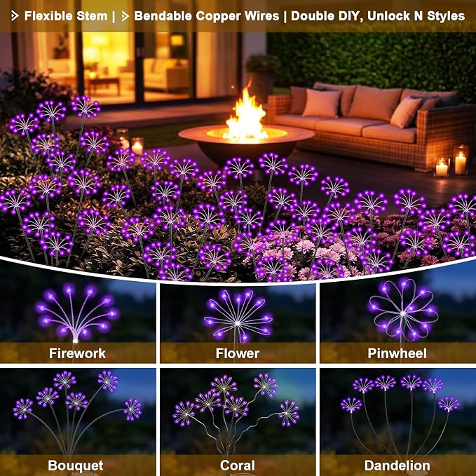 Solar Garden Lights Outdoor, 2 Pack New Upgraded Solar Swaying Starburst Light, Waterproof Fireworks Solar Lights, Yard Patio Pathway Decoration, Purple