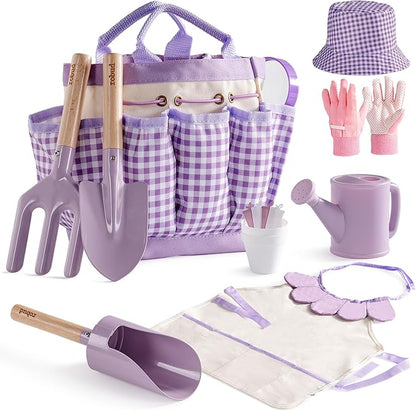 ROBUD Kid Gardening Set, Purple Wooden Garden Tool for Kid, Garden Tool Kit with Tool Storage Bag, Apron, Gloves, Montessori Toys for Kids to be Closed to Nature, WRP52