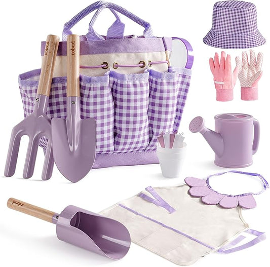 ROBUD Kid Gardening Set, Purple Wooden Garden Tool for Kid, Garden Tool Kit with Tool Storage Bag, Apron, Gloves, Montessori Toys for Kids to be Closed to Nature, WRP52