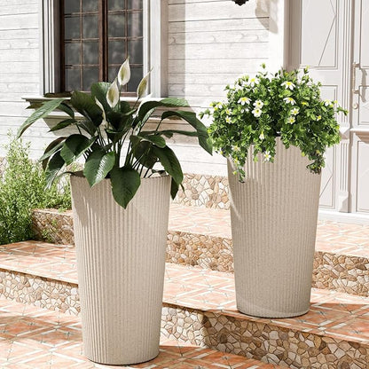24" H Tall Planters for Outdoor Plants, 2 Pack Large Outdoor Planters for Front Porch Decor with Drainage Hole, Plastic Striped Flower Pots Fits Indoor Plants Patio Garden, Black