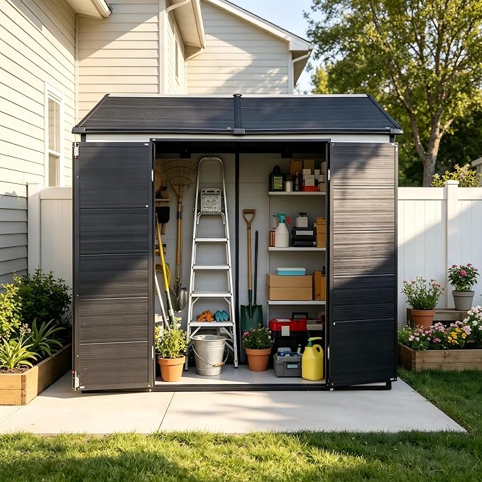 PVWIIK 8x6 ft Resin Outdoor Storage Shed with Floor & Window, Lockable Waterproof All-Weather Utility Shed for Garden Tools & Trash Bins, Black-White