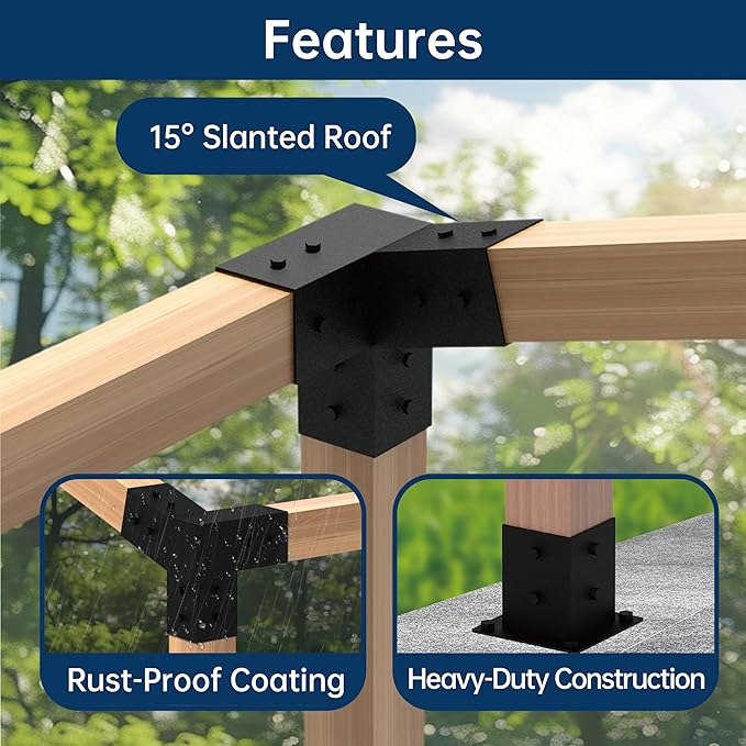 15° Slanted Roof Wall Mounted Pergola Bracket Kit 4x4, Including 2 Wall Bases, 2 105 ° 3-Way and 2 Bases, Angled 4x4 Wooden Beams Lumber Gazebos Patio Pergola Sheds Lean to Porch Roof