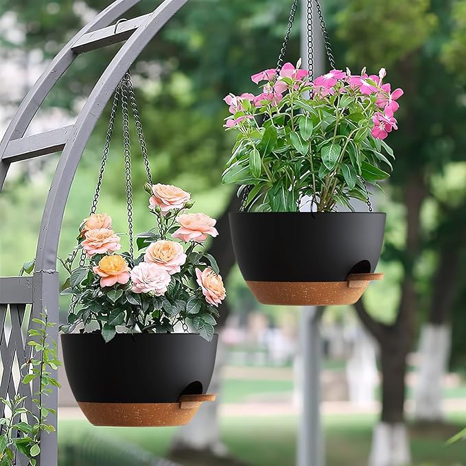 UOUZ Set of 3-10 Inch Self Watering Hanging Planters for Indoor Outdoor，Hanging Plant Pots with Drainage & Removable Tray, Hanging Pots Holder for Ivy, Pothos, Ferns, Balcony & Patio, Black with Brown