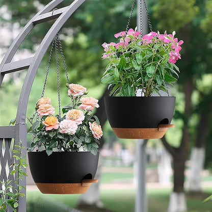 UOUZ Set of 3-10 Inch Self Watering Hanging Planters for Indoor Outdoor，Hanging Plant Pots with Drainage & Removable Tray, Hanging Pots Holder for Ivy, Pothos, Ferns, Balcony & Patio, Black with Brown