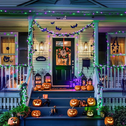 JMEXSUSS 2 Pack Solar Halloween Lights, Total 200LED 66FT, Purple and Green