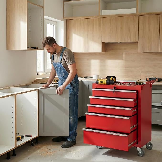 Rolling Tool Chest, 5-Drawer Tool Storage Cabinet, Tool Box with Wheels, Lock System and Drawer Liners, Tool Cart for Warehouse, Workshop and Repair Shop, Red