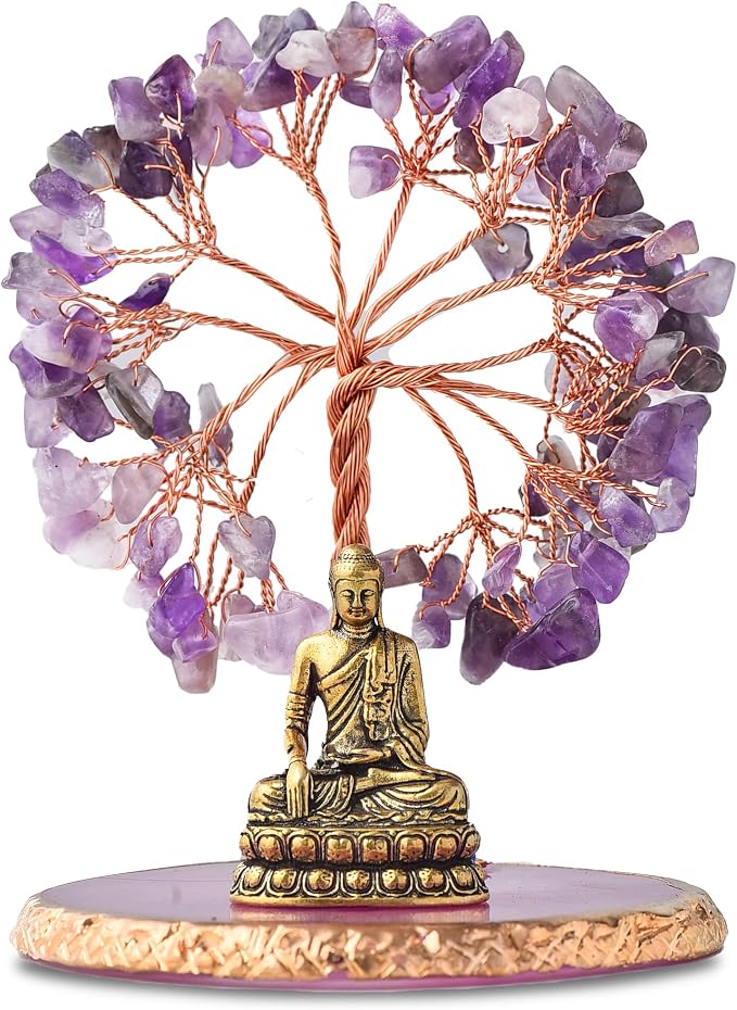 Buddha Statue with Healing Crystal Tree, Tree of Life for Positive Energy. Home Decor Yoga Meditation. Amethyst.(A)