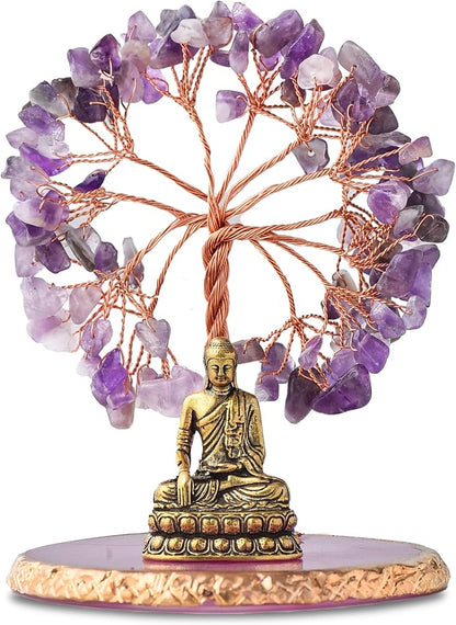 Buddha Statue with Healing Crystal Tree, Tree of Life for Positive Energy. Home Decor Yoga Meditation. Amethyst.(A)