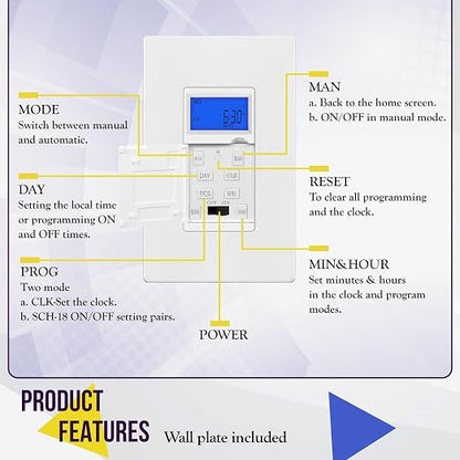 Enerlites 7 Days Digital in-Wall Programmable Timer Switch for Lights, Fans, with Blue Backlight, HET01, White, 5-Pack