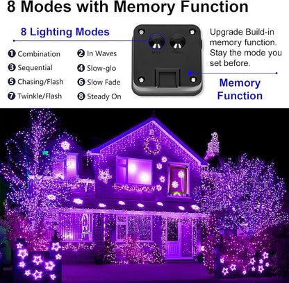 Solar Christmas Halloween String Lights Purple Outdoor Waterproof 2Pack Total 200Led 8 Modes Copper String Lights Fairy Lights for Valentine's Day Garden, Patio, Fence, Balcony, Outdoors