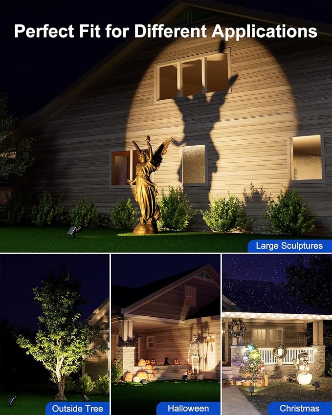 2 Pack Outdoor Solar Powered Spot Lights Waterproof Bright LED Spotlights Outside Uplighting for Yard Flag, Tree, Lawn, Garden, Backyard, House, Driveway, Super Focused Lens Spotlights, Warm White