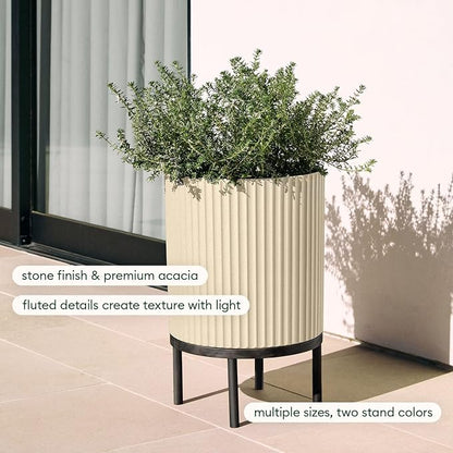 Veradek Demi Series Round Planter w/Stand for Porch/Patio | Durable Plastic-Stone Composite & Wooden Stand | Modern Décor for Tall Plants, Flowers