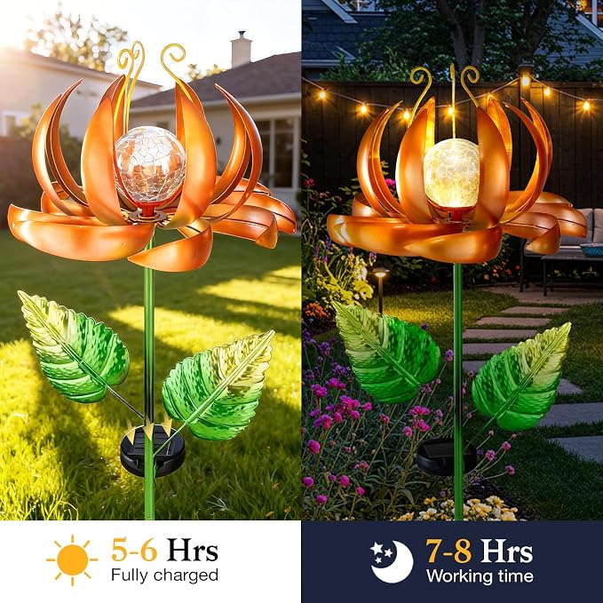 Solar Yard Lights Wind Spinners- Metal Lotus Flower Garden Decor LED Crackle Glass Globe Yard Art Sculpture Solar Stake Lights for Patio Pathway Lawn Walkway (Yellow-Large)