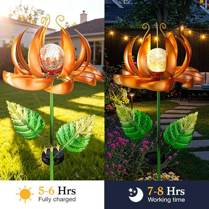 Solar Yard Lights Wind Spinners- Metal Lotus Flower Garden Decor LED Crackle Glass Globe Yard Art Sculpture Solar Stake Lights for Patio Pathway Lawn Walkway (Yellow-Large)