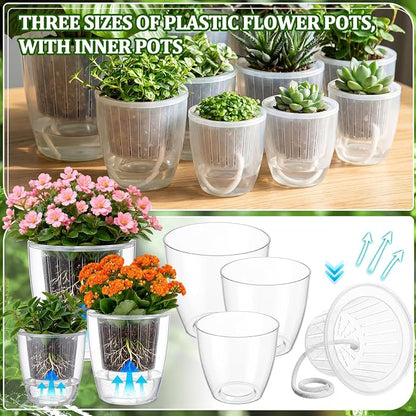 24 Pcs Self Watering Pots, 3.5/4.3/5.1'' Plastic Flower Plant Pot with Inner Pot Self Watering Wick Planter Clear Flower Pots for Indoor House Plants Herb Flowers Succulents (Transparent)