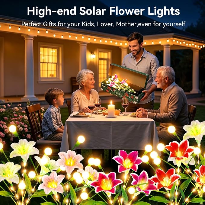 Upgraded Solar Garden Lights Outdoor: 4 Pack 2-in-1 Solar Lily Flower Lights with Swaying Firefly Lights & Glowing Stems, Brighter Waterproof Solar Garden Decor for Yard Patio, Unique Gifts