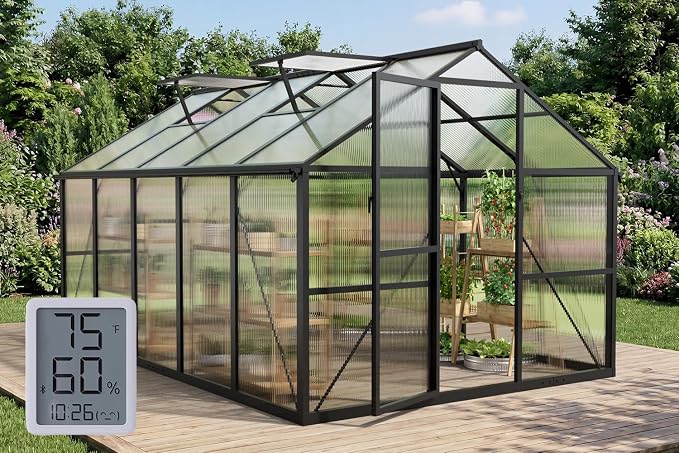 8x10FT Greenhouses for Outdoors with Hygrometer, Polycarbonate Green Houses for Outside Heavy Duty with Aluminum Frame, Walk in Greenhouses with Drainage Channel Roof Vent for Backyard or Garden Use