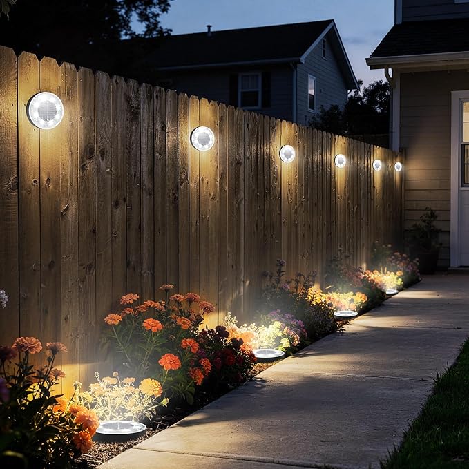Joomer 2-in-1 Solar Lights Outdoor Waterproof, 12 Pack 8 LED, White | Solar Powered Garden Lights Ground Disc Landscape Lighting for Patio Pathway Lawn Yard Driveway Walkway Deck Step