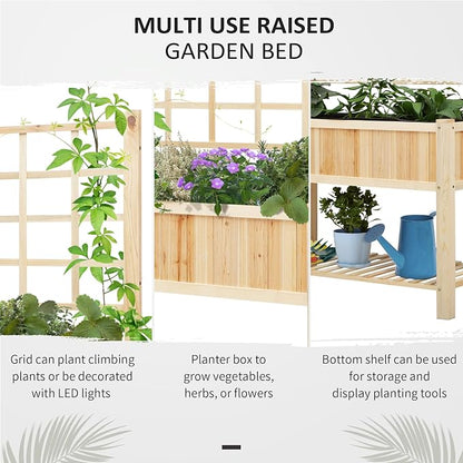 Outsunny 47" Wooden Raised Garden Bed with Trellis, Coutryside Style Elevated Planter Box Stand with Open Storage Shelf, Spacious Planting Area for Vegetables, Herbs, Flowers