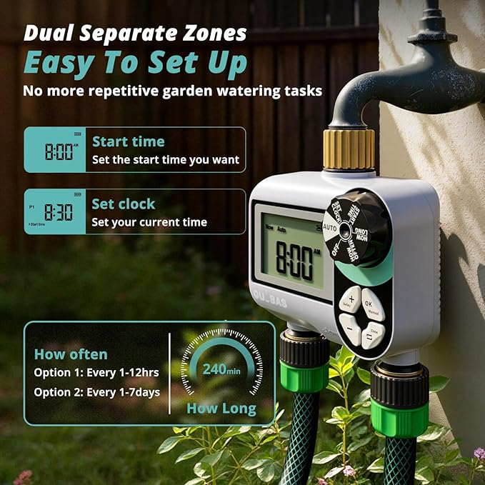 QUOBAS Brass Sprinkler Timer, Programmable Water Hose Timer for Garden Hose Faucet with Waterproof LCD Screen, Rain Delay/Manual/Automatic Irrigation Watering System for Garden, Lawn, Yard - 2 Zone
