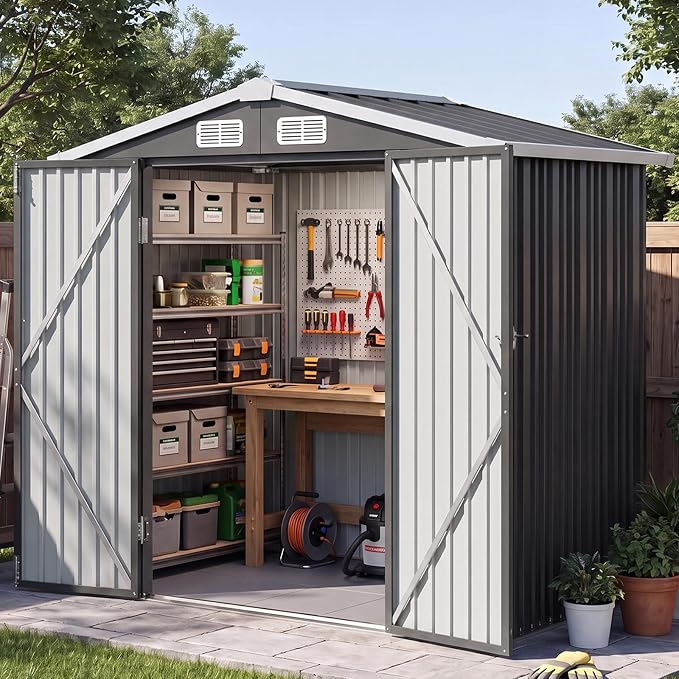 6x4FT Outdoor Storage Shed with Floor Black | Metal Garden Tool Shed with Sloping Roof & Lockable Door for Patio Lawn Backyard