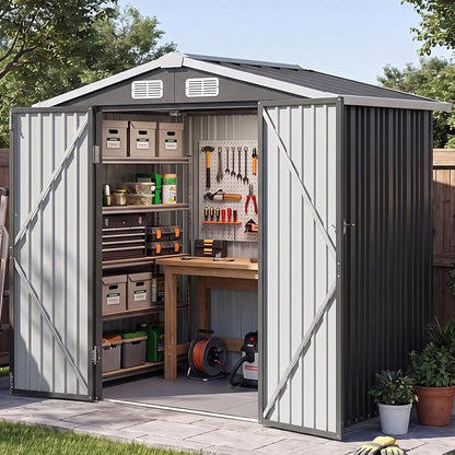 6x4FT Outdoor Storage Shed with Floor Black | Metal Garden Tool Shed with Sloping Roof & Lockable Door for Patio Lawn Backyard