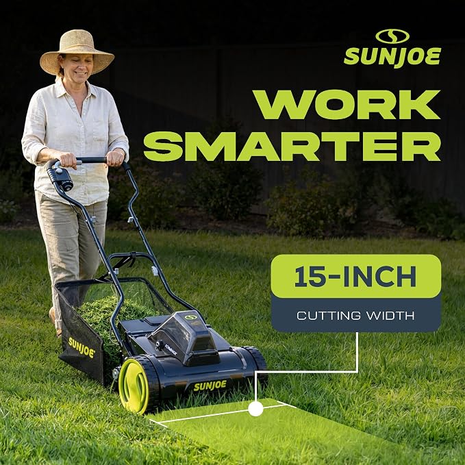 Sun Joe Cordless Electric Push Lawn Mower with 11.9-Gal Bag, 15-Inch Cutting Width, 360W Motor - Heavy-Duty Yard Trimmer for Gardening Care and Maintenance, IONMAX 24V-CRLM15