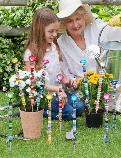 336 Pcs Beaded Garden Stakes DIY Fairy Wand Kit | 272 Colorful Assortment Round Large Hole Beads, Sparkling Silver Crystal Pendants, Stopper Top, For Outdoor Beadable Items