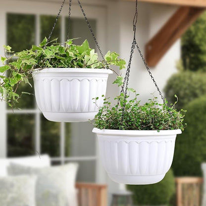 YIKUSH 12 Inch Hanging Planters for Outdoor Plants, 2 Pack Plastic Hanging Flower Pots with Drainage Hole & Tray, Hanging Basket Style Pots for Porch Patio Balcony Decor (White)