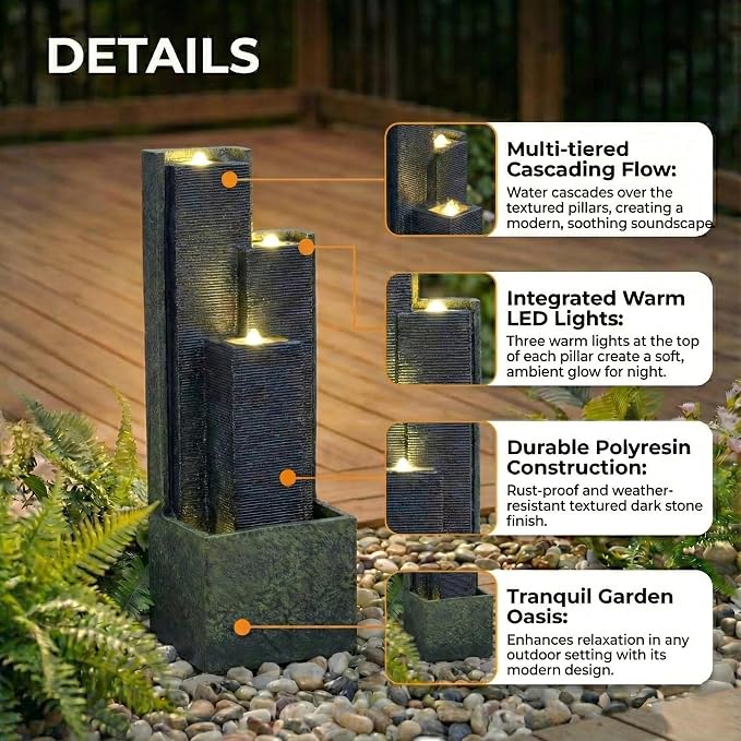 40 Inch Outdoor Water Fountain with LED Light, Modern Cascading Freestanding Resin Waterfall Feature, Tall Garden Decor for Patio Porch Lawn Backyard