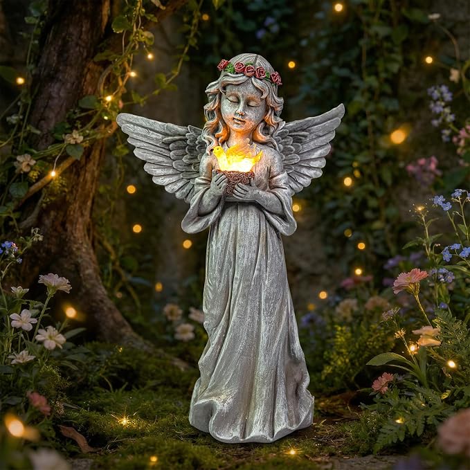 Angel Garden Statue Outdoor Decor, Angel Garden Figurine Hold Bird's Nest with Solar Lights Waterproof Resin Yard Art Decoration Lawn Ornament Sculpture for Outside Patio Yard Gift