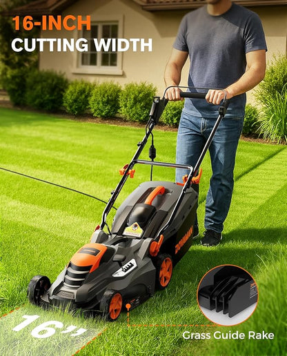 DOVAMAN 13Amp 16" Lawn Mower, 98% Collection, 13.2-Gallon Bag, 5-Position Height Adjustment, 3-Step Quick Vertical Fold Storage, 2-in-1 Mulching & Bagging, Corded Lawn Mower for Your Garden