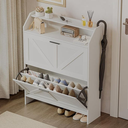 Mericonia Farmhouse Shoe Cabinet with 2 Flip Drawers, Shoes Storage Cabinet, Freestanding Shoe Rack Organizer for Entryway, White