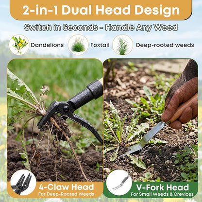 Stand Up Weed Puller Tool, Long Handle Weeder & Hand Weeder Fork Set - 46" No-Bend Deep Root Remover for Lawn, Garden & Yard, Seniors & Bad Back Friendly, Fits 5'2"-6'2", Bamboo Handle