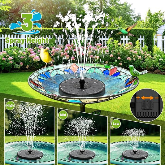 Solar Fountain with 3 Spray Height, Colorful Led Lights, 3.5W Glass Solar Bird Bath Water Fountain with 2000mAh Battery, 4 Rotating Rods and 7 Nozzles for Hummingbird Bathing, Outdoor Décor