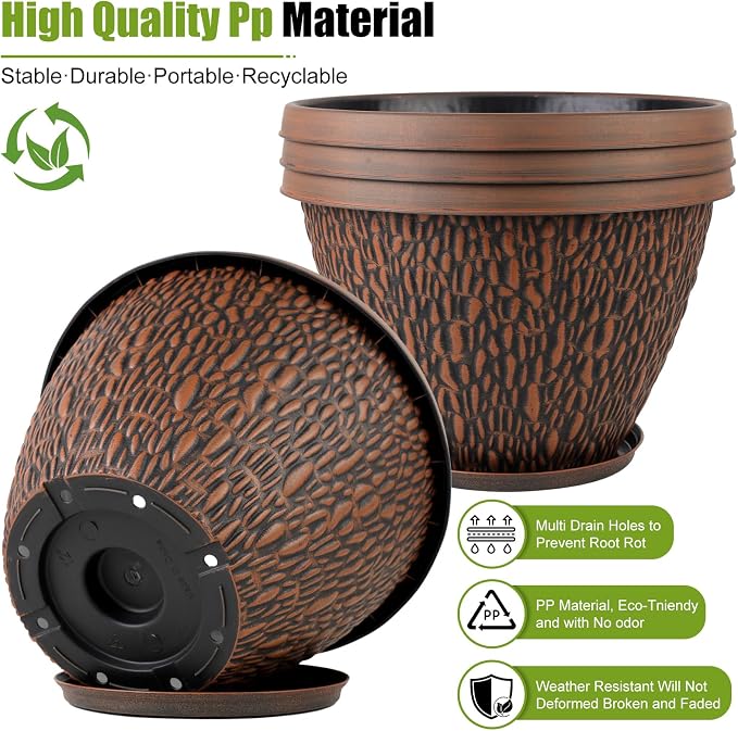 Nooulap 4 Pack 12 Inch Pots for Plants, Plastic Outdoor Flower Pots with Drainage Hole & Tray, Large Planters for Garden Porch Home Indoor Outdoor Decor - Pebbles Pattern Design Plant Pots