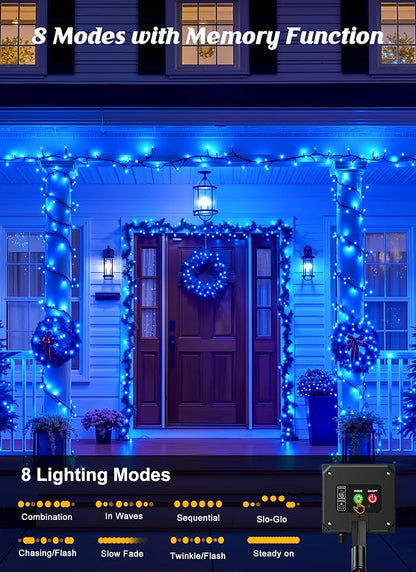 Brightown 2 Pack Solar String Lights Outdoor,Total 80FT 200 LED Solar Powered String Lights Waterproof with 8 Modes, Auto On/Off, Patio Lights for Outside Tree Garden Balcony Party Decor (Blue)