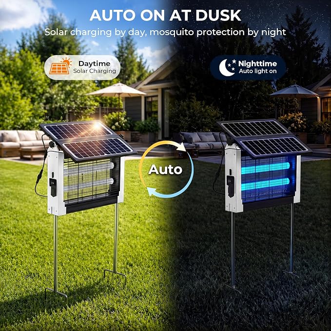 Solar Bug Zapper, 4500V Mosquito Zapper Outdoor Waterproof with Dual Solar Panel, USB Rechargeable Mosquito Killer, Cordless Fly Insect Zapper Waterproof for Patio Yard Garden Home Camping