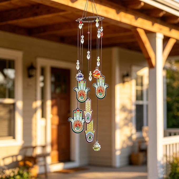 YU FENG 15 Inch Evil Eye Hamsa Wind Chimes, Outdoor Hanging Decor | Chakra Glass Beaded Design, Metal Windchime Ornament, Garden Patio Window Decoration, Spiritual Home Accent
