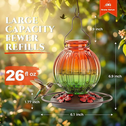 Glass Hummingbird Feeder for Outdoors Hanging, 26Oz Bird Nectar Feeder with Perch & 5 Flower Feeding Ports, Leak Proof for Outside Garden Decor Backyard, Gifts for Women Mom, Orange & Green