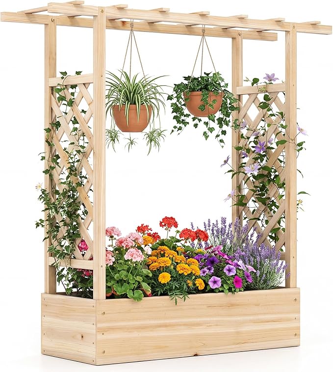 Giantex Wooden Raised Garden Bed with Trellis & Hanging Roof, Fir Wood Planter Box, 45" Freestanding Elevated Garden Bed for Outdoor Climbing Plants Vegetables Flowers, Patio & Balcony, Natural