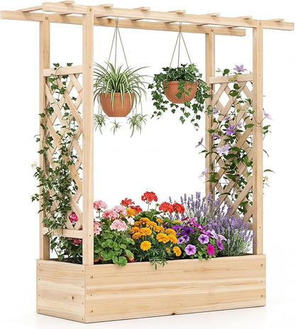 Giantex Wooden Raised Garden Bed with Trellis & Hanging Roof, Fir Wood Planter Box, 45" Freestanding Elevated Garden Bed for Outdoor Climbing Plants Vegetables Flowers, Patio & Balcony, Natural