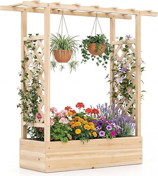 Giantex Wooden Raised Garden Bed with Trellis & Hanging Roof, Fir Wood Planter Box, 45" Freestanding Elevated Garden Bed for Outdoor Climbing Plants Vegetables Flowers, Patio & Balcony, Natural