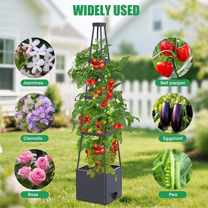 4 Pack Raised Garden Bed Planter Box with Trellis, 57" Self-Watering Tomato Cage Planters for Climbing Plants Vegetable Vine Flowers Outdoor & Indoor (57x9.8x9.8IN)