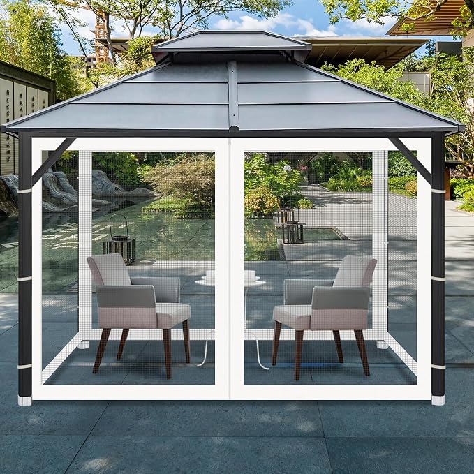 Gazebo Universal Replacement Mosquito Netting, Outdoor Mesh Netting Screen 4-Panel Sidewall with Zipper for Patio, Canopy, Garden and Backyard, Gray(Mosquito Net Only) (White, 10' x 12')
